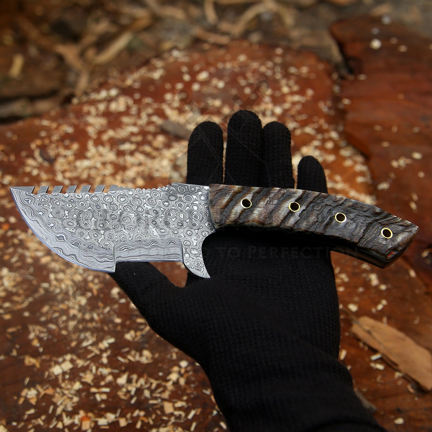 Wilderness Wayfinder: 10” Custom Hand Forged Damascus Steel Tracker Knife With Ram Horn Handle