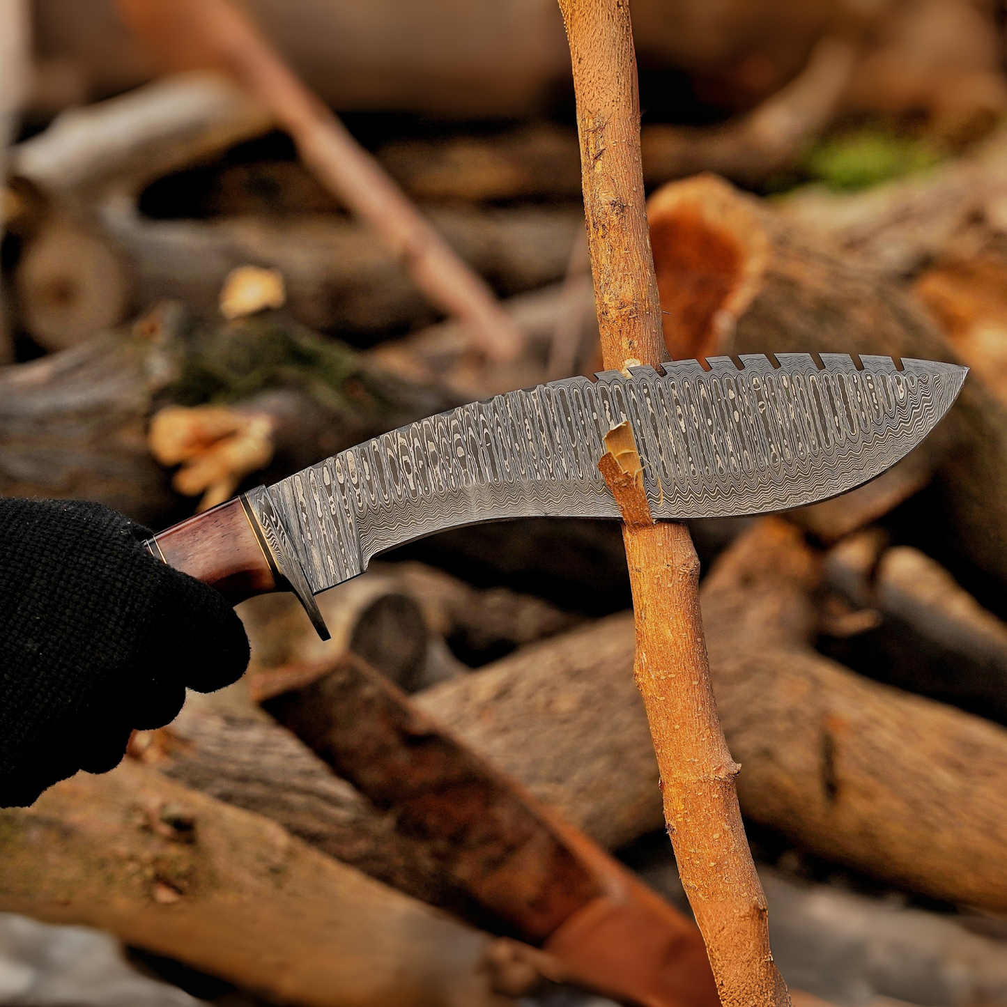 Emberwood Kukri – 15 inch Hand-Forged Damascus Masterpiece Kukri Knife with Leather Sheath