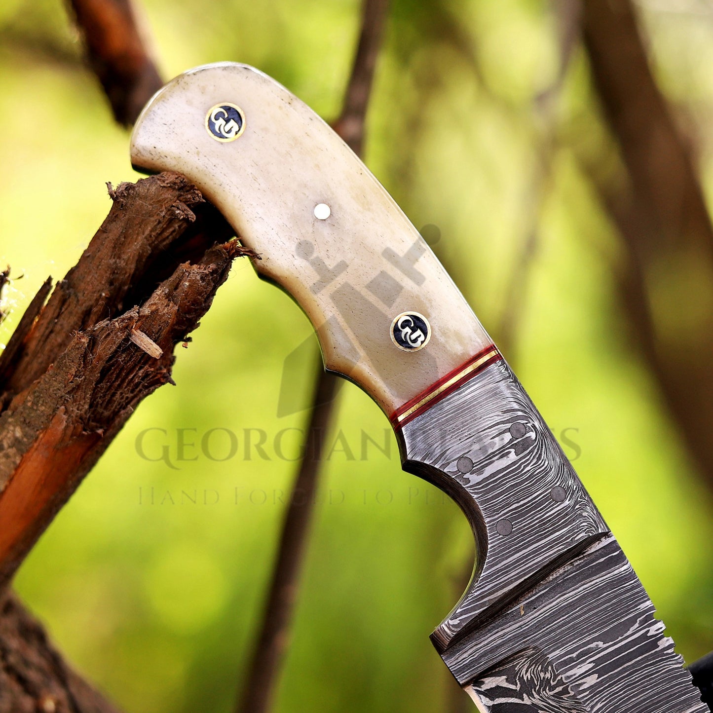 John Henry Slicer - 7.25” Hand Forged Damascus Steel Full Tang Skinner Knife - Camel Bone Handle