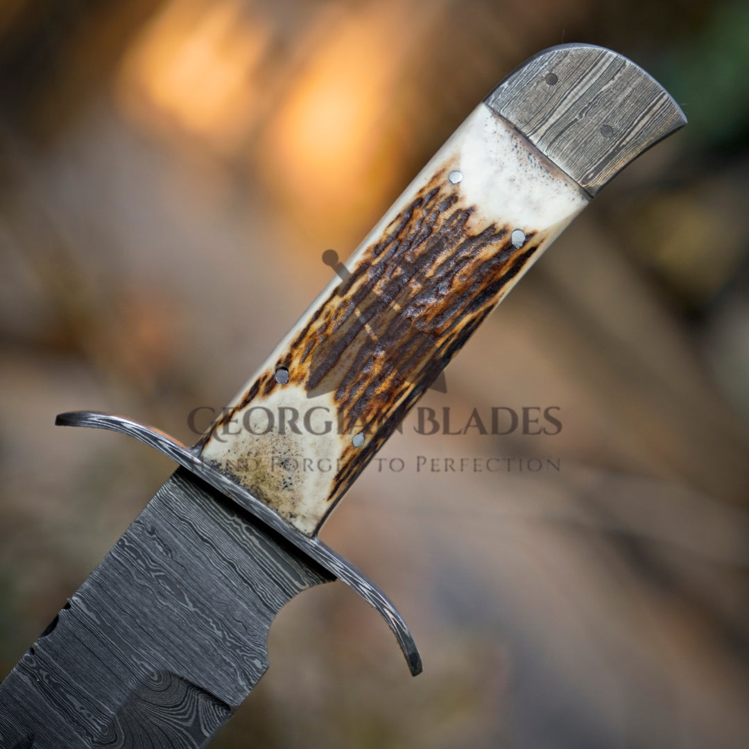 Mountain Majesty: 15" Handmade Damascus Steel Bowie Knife- Full Tang - Stag Antler Handle