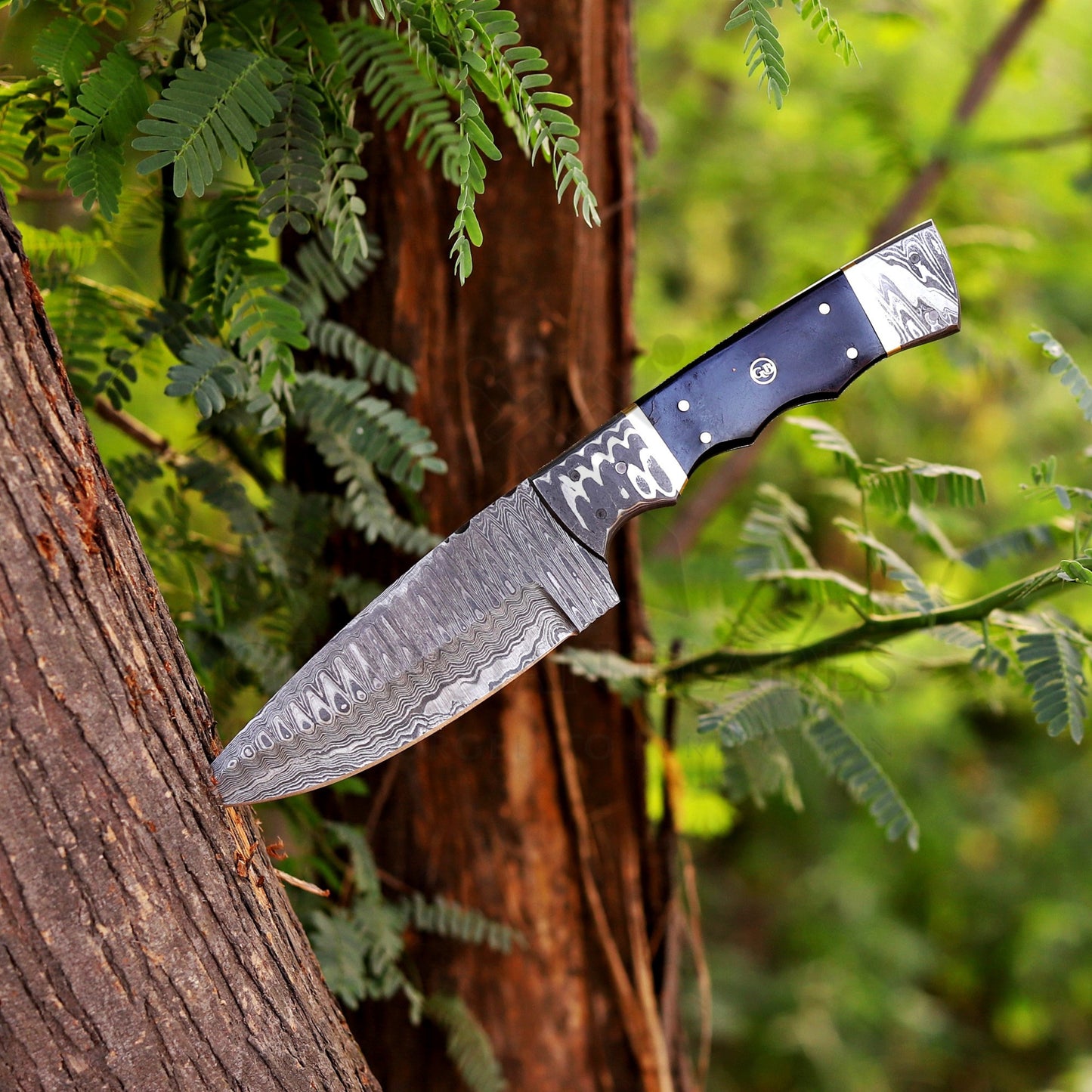 The Thorpe Hunter – 9 inch Hand-Forged Damascus Hunting Knife with Ram Horn Handle and Leather Sheath