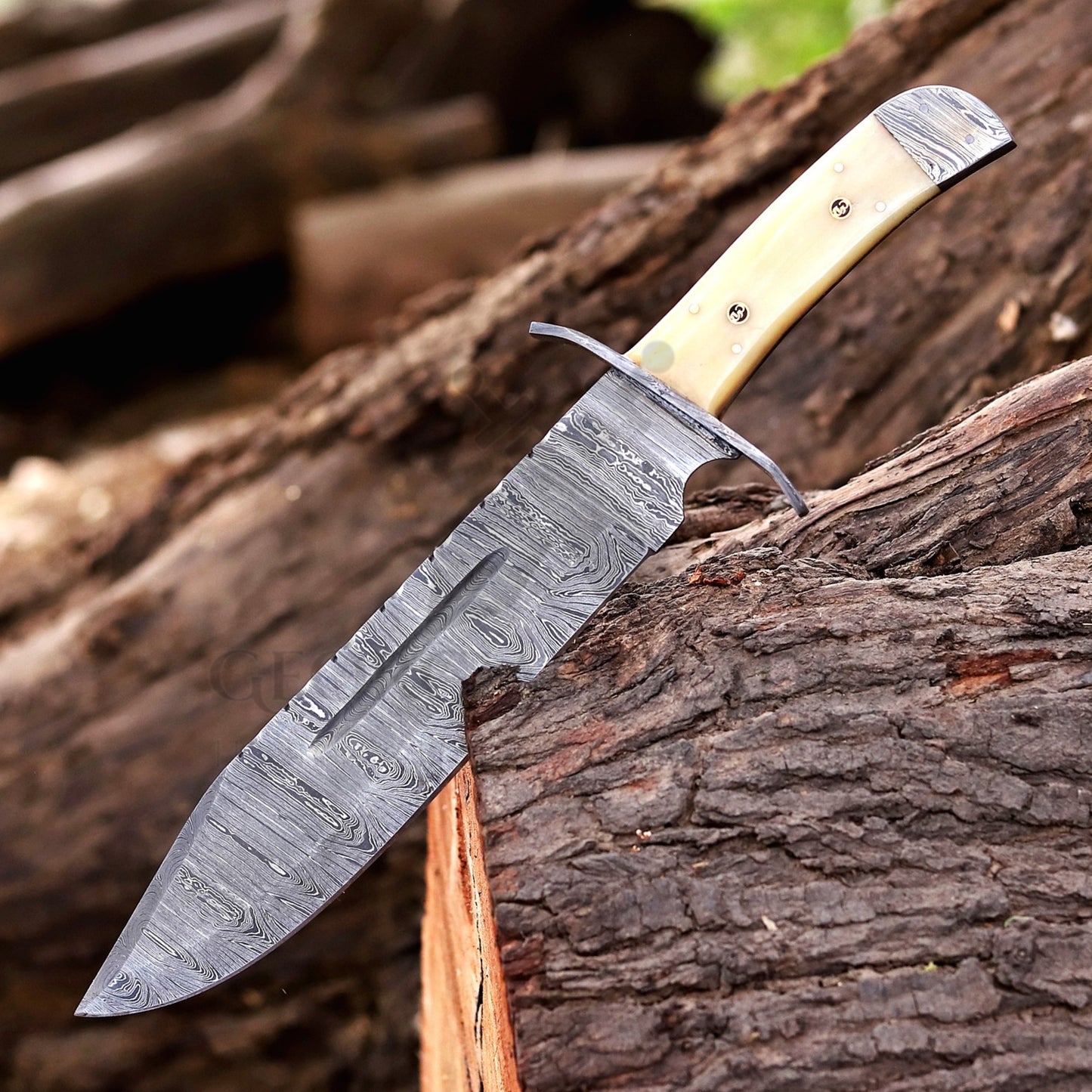 Paul Bunyan Razor - 15" Handmade Damascus Steel Bowie Knife- Full Tang - Camel Bone Handle