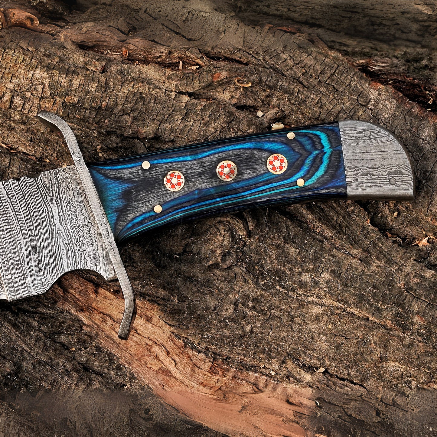 River Runner: 15" Handmade Damascus Steel Bowie Knife- Full Tang - Colored Wood Handle