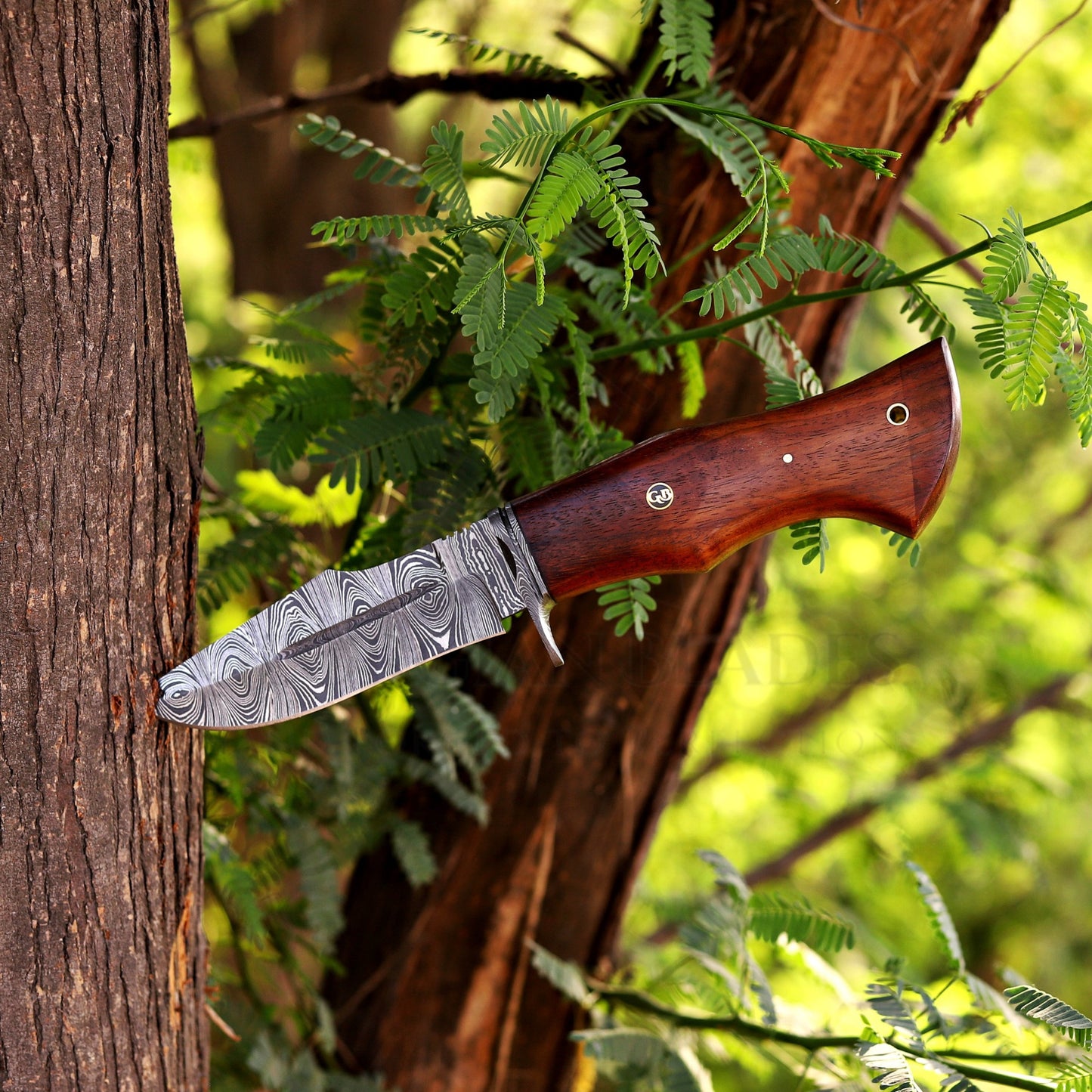 Woodman's Ally - 10.5" Hand Forged Damascus Hunting Knife with Leather Sheath