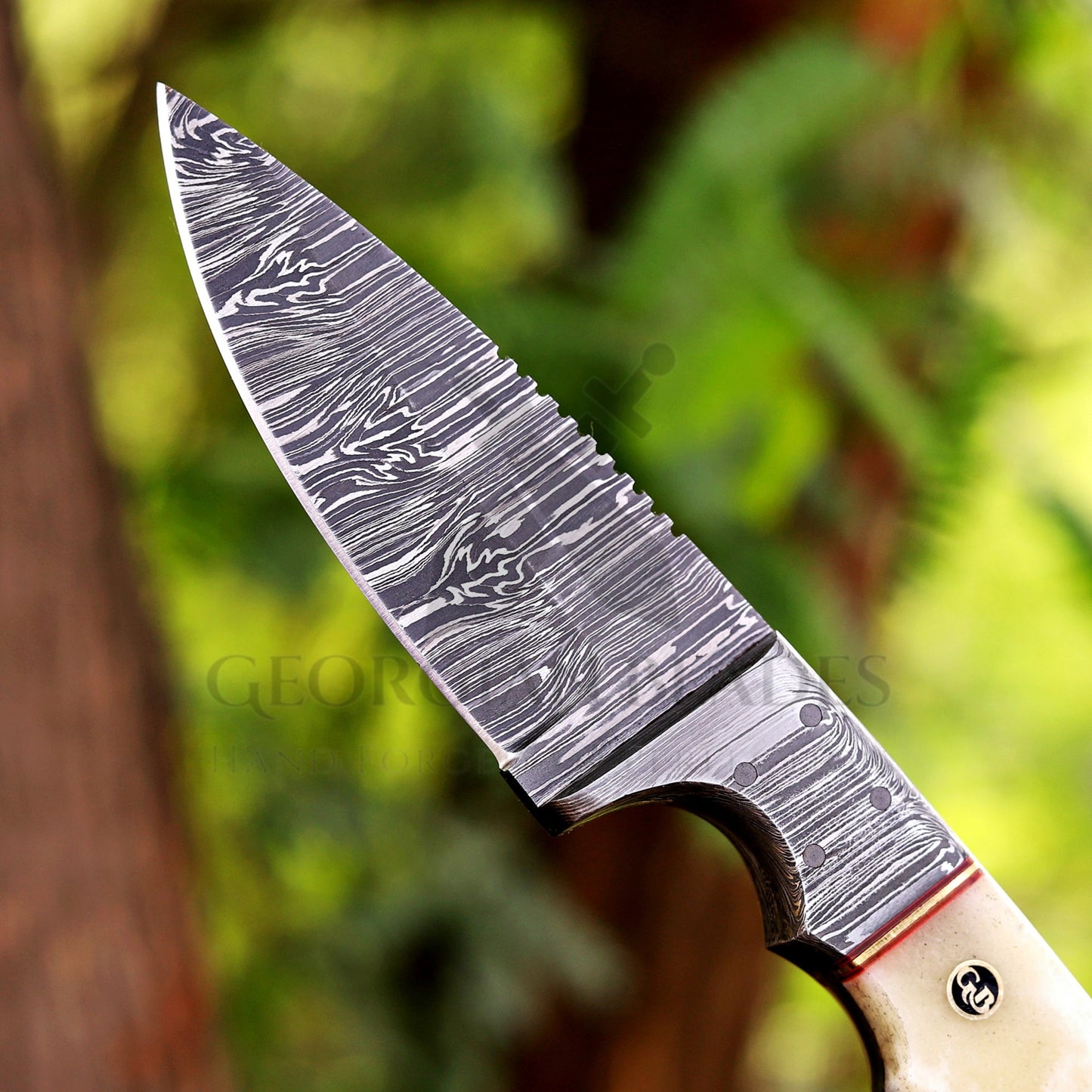 John Henry Slicer - 7.25” Hand Forged Damascus Steel Full Tang Skinner Knife - Camel Bone Handle