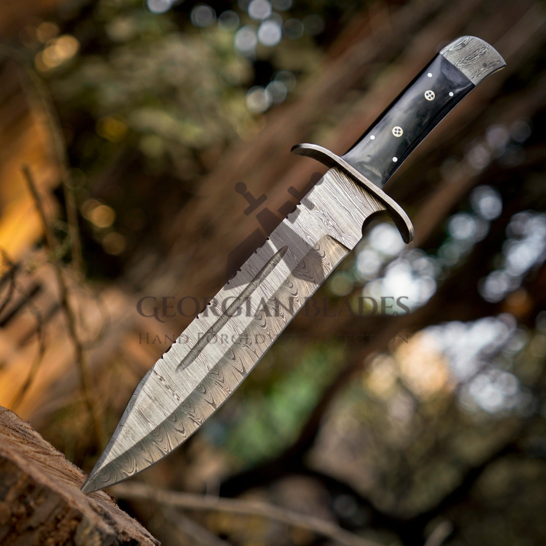 Frontier Finder: 15" Handmade Damascus Steel Bowie Knife- Buffalo Horn Handle