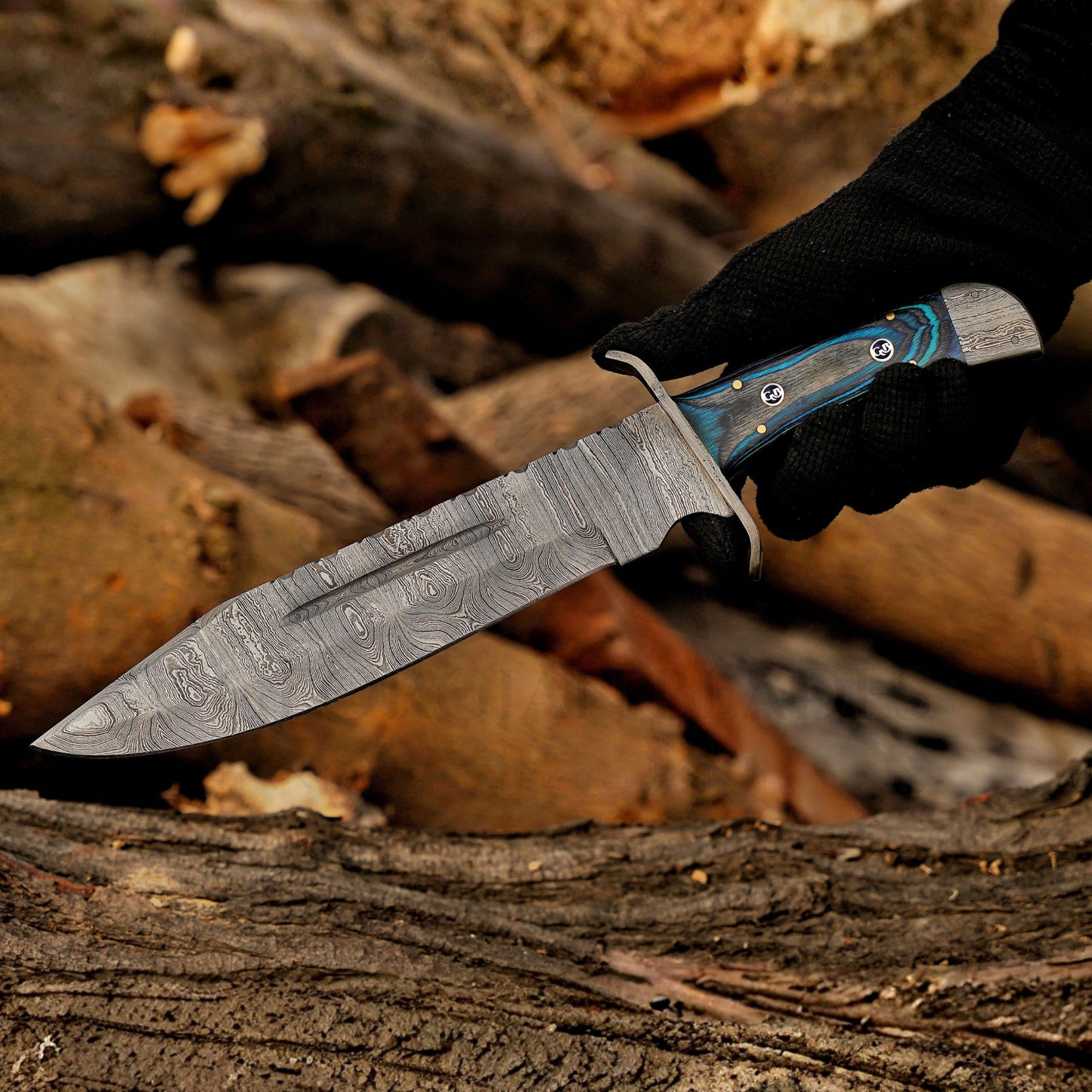 River Runner: 15" Handmade Damascus Steel Bowie Knife- Full Tang - Colored Wood Handle