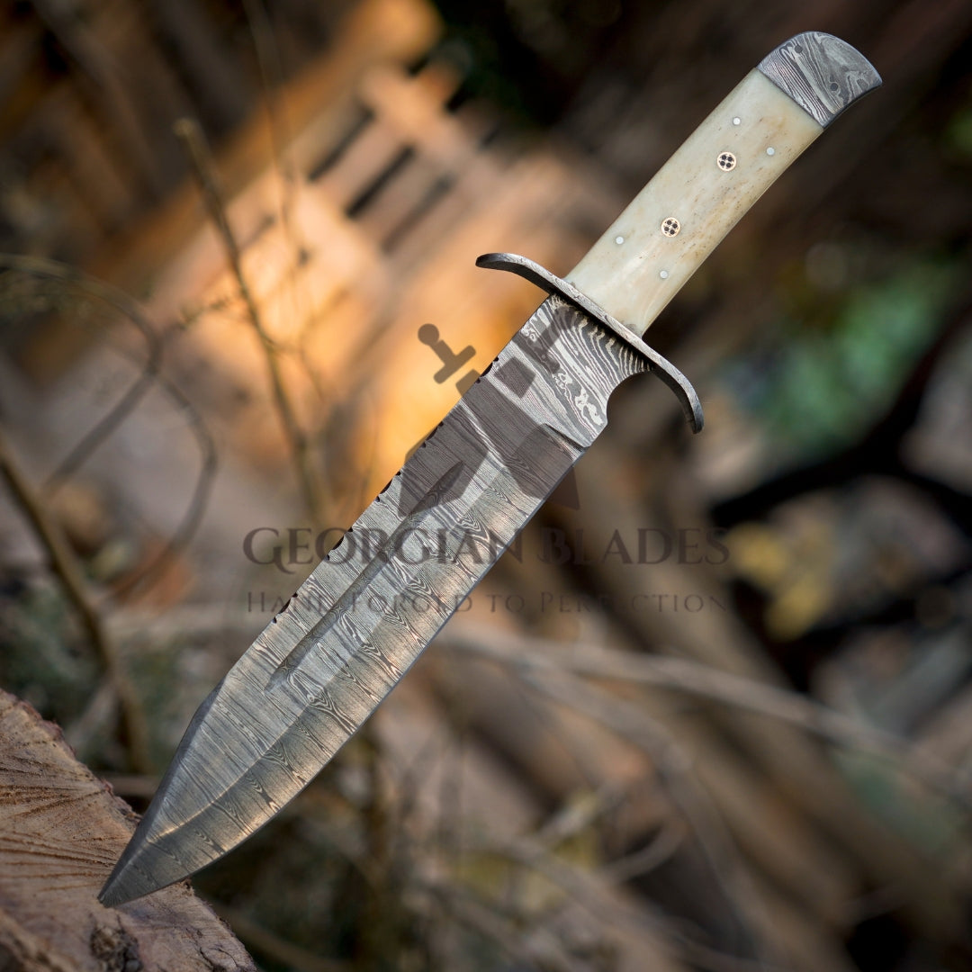 Paul Bunyan Razor - 15" Handmade Damascus Steel Bowie Knife- Full Tang - Camel Bone Handle