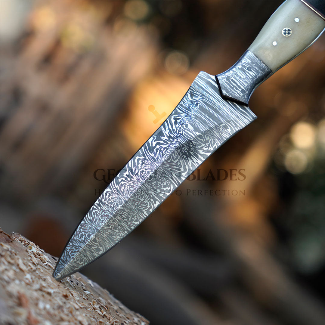 Annie Oakley Carver: Hand Forged Damascus Steel Hunting Boot Knife With Damascus Bolster - Bull Horn & Bone Handle