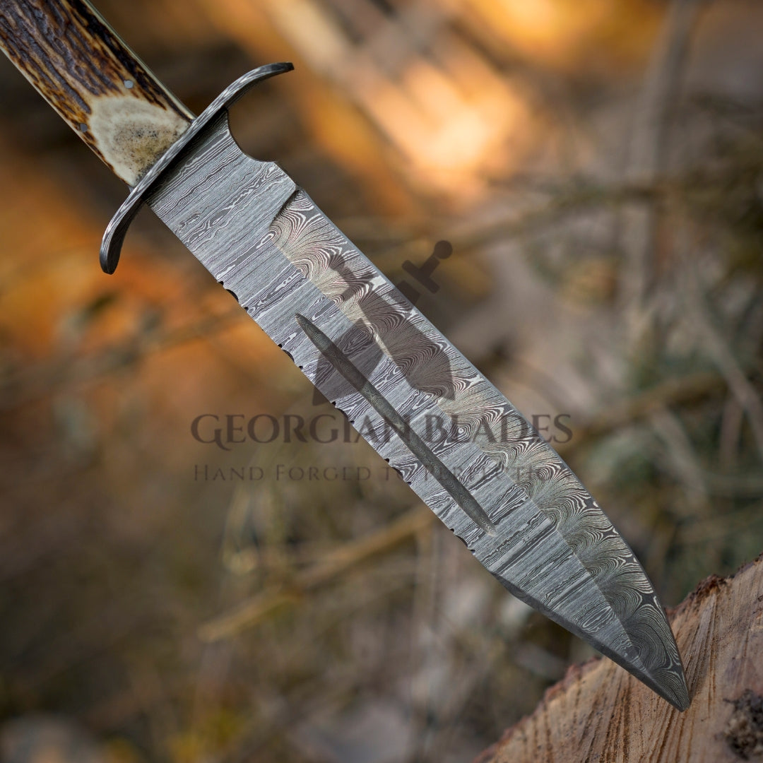 Mountain Majesty: 15" Handmade Damascus Steel Bowie Knife- Full Tang - Stag Antler Handle