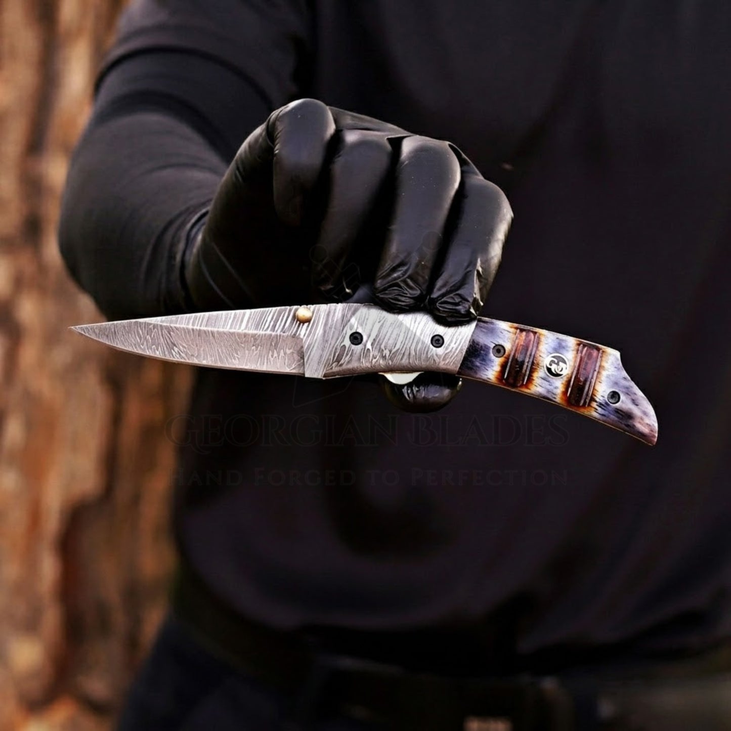 The Glenn Folder – 7.5 inch Damascus Steel Liner Lock Pocket Knife with Bone Handle and Leather Sheath