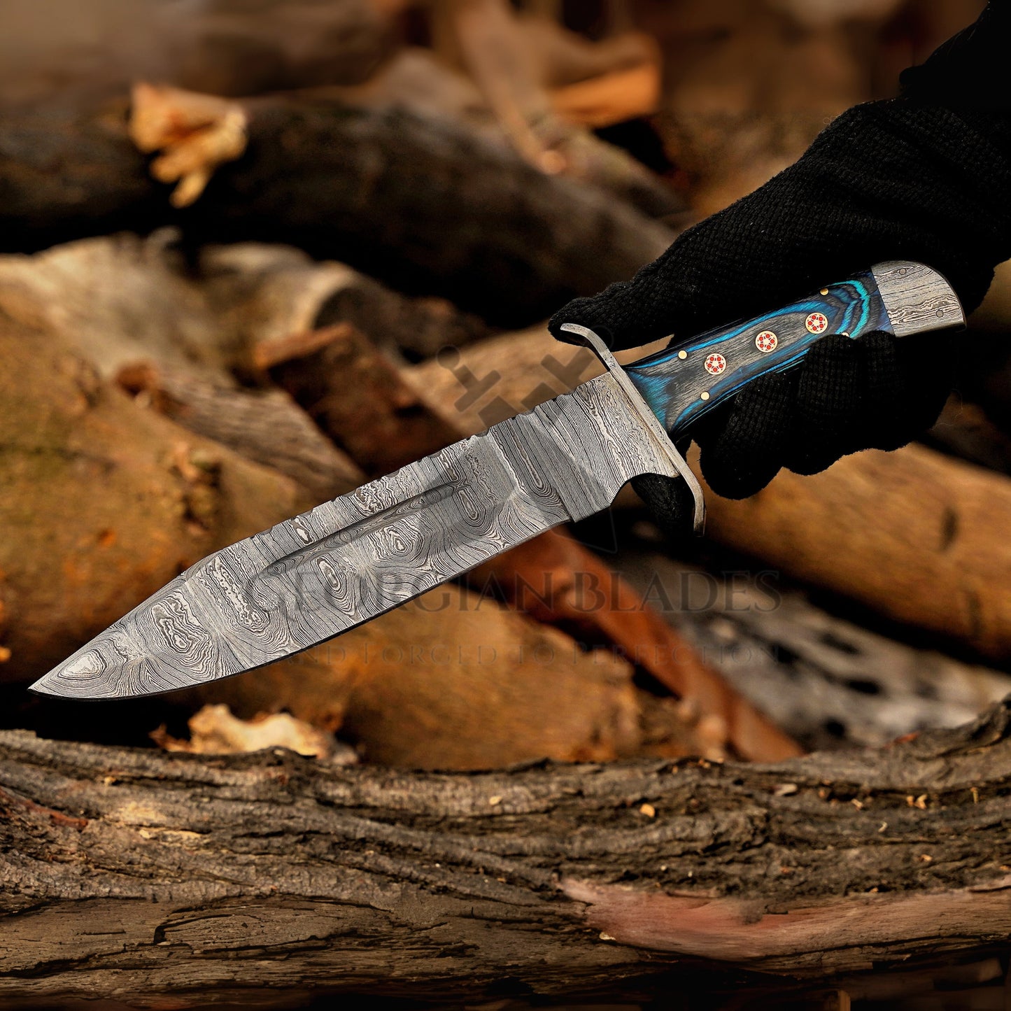 River Runner: 15" Handmade Damascus Steel Bowie Knife- Full Tang - Colored Wood Handle