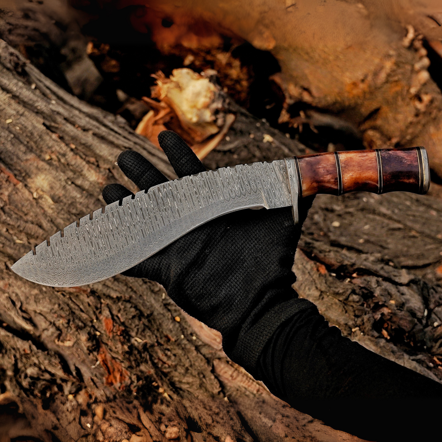Emberwood Kukri – 15 inch Hand-Forged Damascus Masterpiece Kukri Knife with Leather Sheath