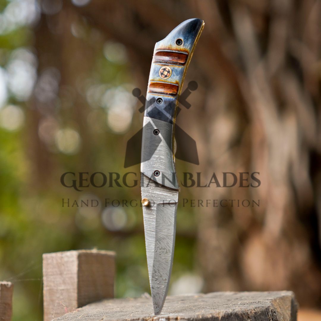 The Glenn Folder – 7.5 inch Damascus Steel Liner Lock Pocket Knife with Bone Handle and Leather Sheath