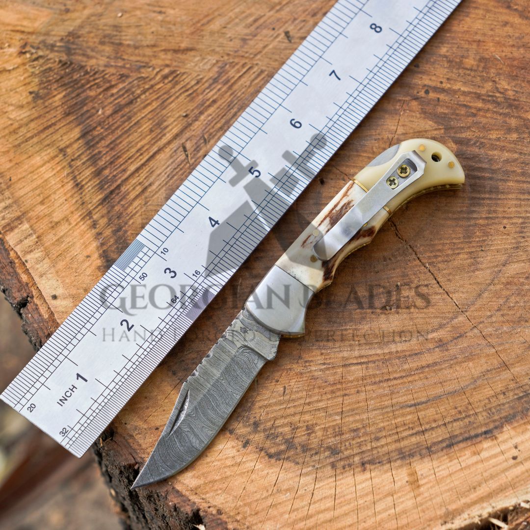 The Sully Folder - 7 inch Pocket Folding Clip Knife with Stag and Bone Handle and Leather Sheath