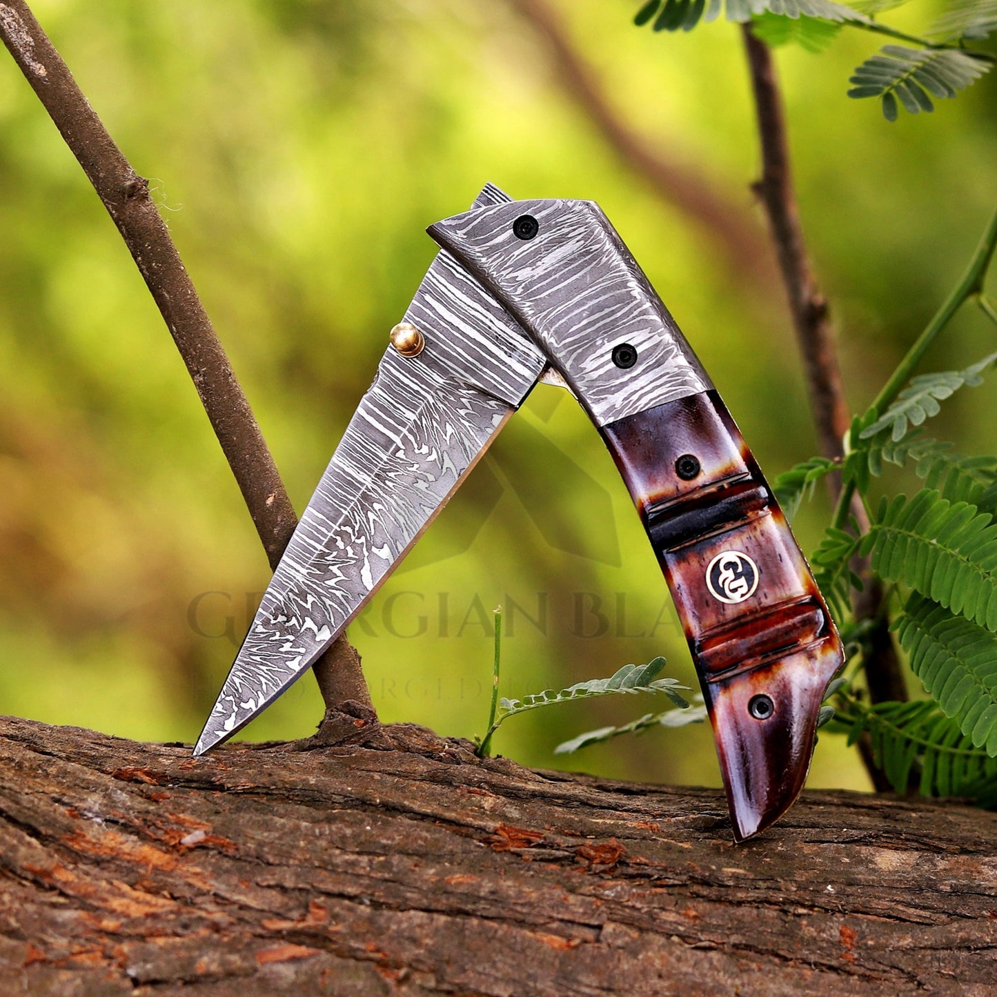 The Nimitz Folder – 7.5 inch Damascus Steel Liner Lock Pocket Knife with Bone Handle and Leather Sheath