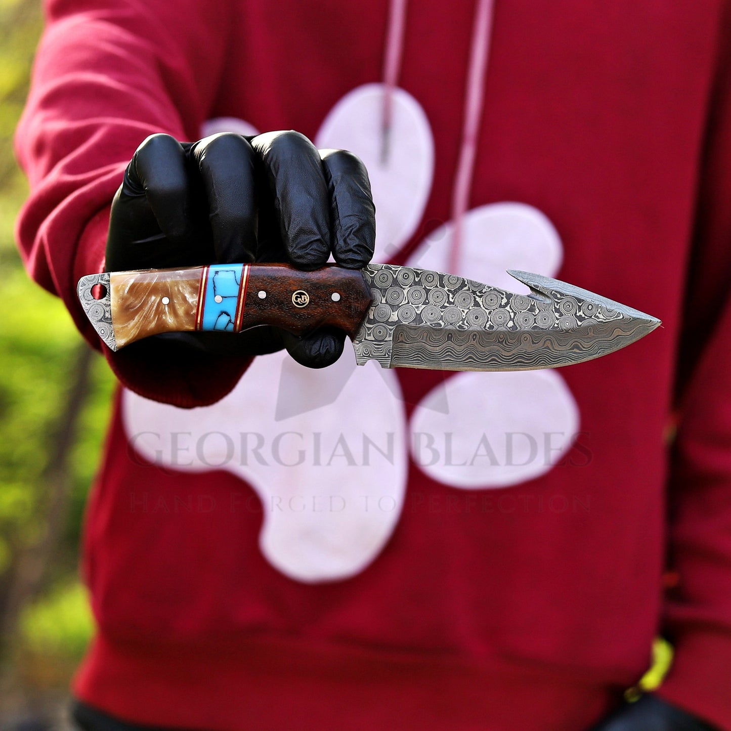 Trailblazer's Blade - 9" Hand Forged Damascus Steel Hunting Knife with Leather Sheath