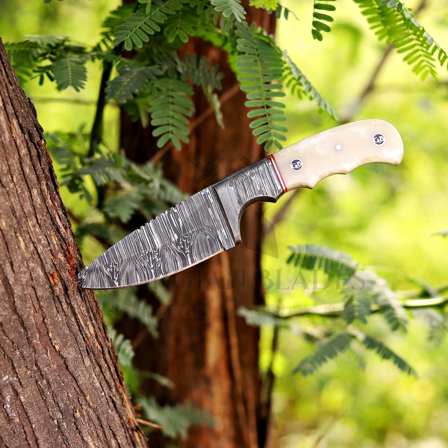 John Henry Slicer - 7.25” Hand Forged Damascus Steel Full Tang Skinner Knife - Camel Bone Handle