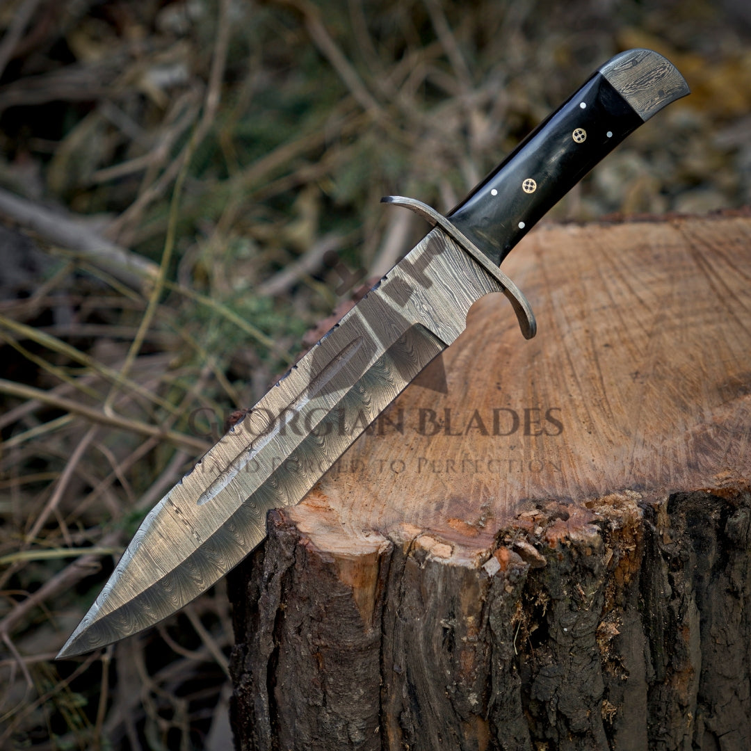 Frontier Finder: 15" Handmade Damascus Steel Bowie Knife- Buffalo Horn Handle