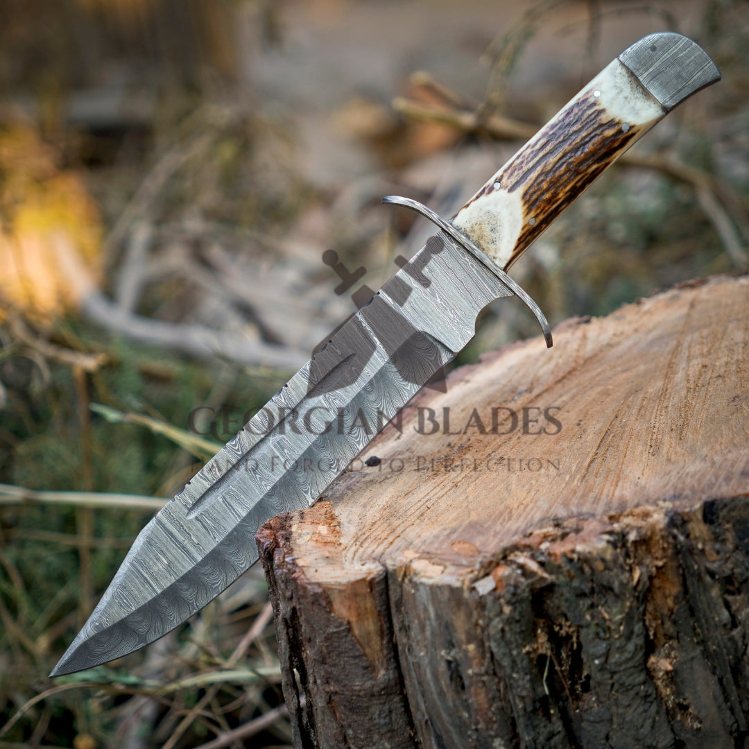 Mountain Majesty: 15" Handmade Damascus Steel Bowie Knife- Full Tang - Stag Antler Handle