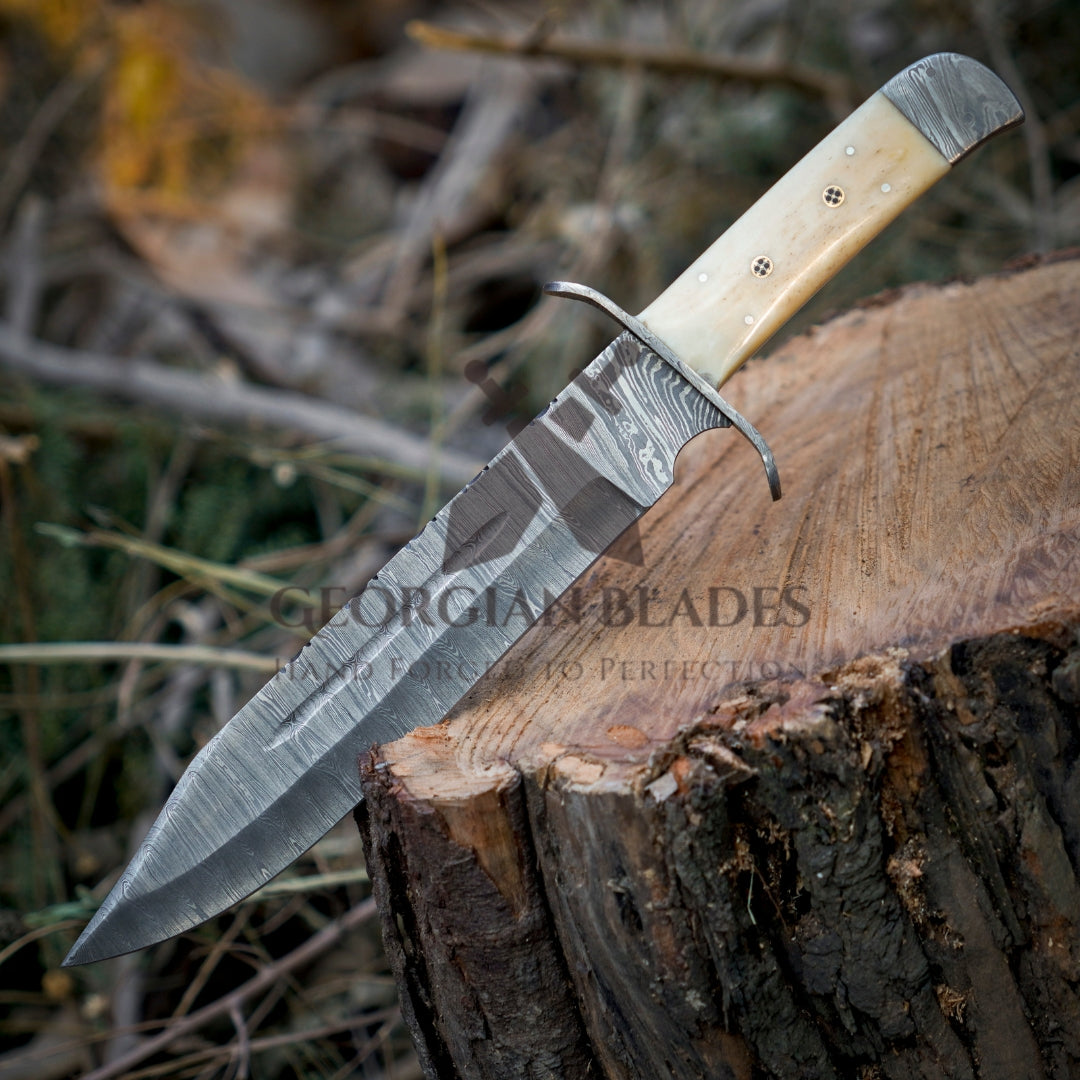 Paul Bunyan Razor - 15" Handmade Damascus Steel Bowie Knife- Full Tang - Camel Bone Handle