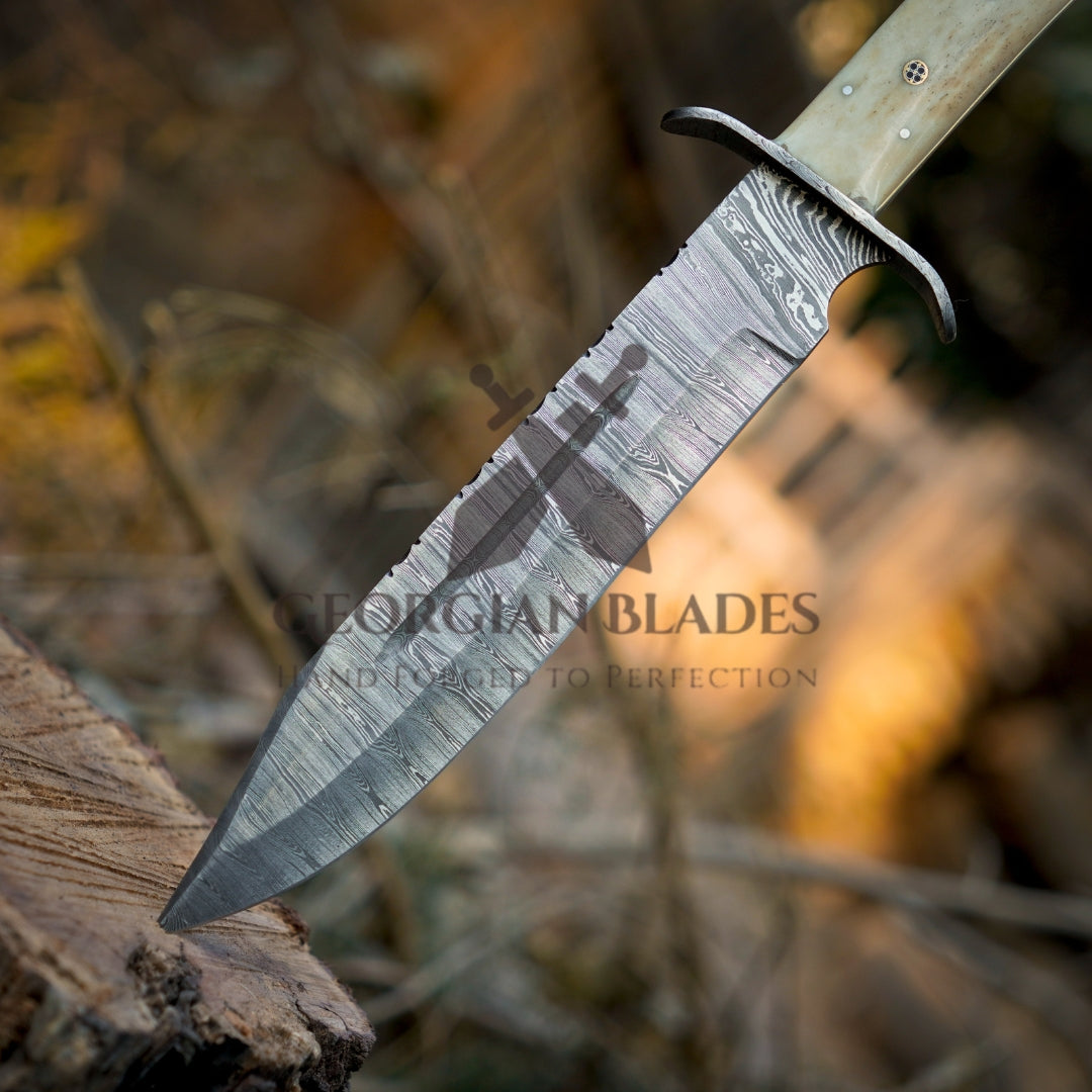 Paul Bunyan Razor - 15" Handmade Damascus Steel Bowie Knife- Full Tang - Camel Bone Handle