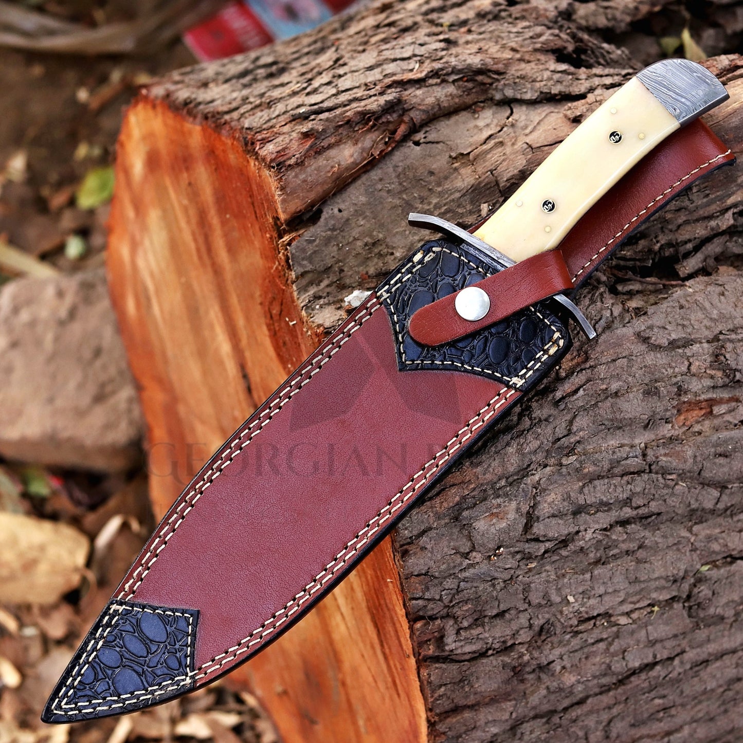 Paul Bunyan Razor - 15" Handmade Damascus Steel Bowie Knife- Full Tang - Camel Bone Handle
