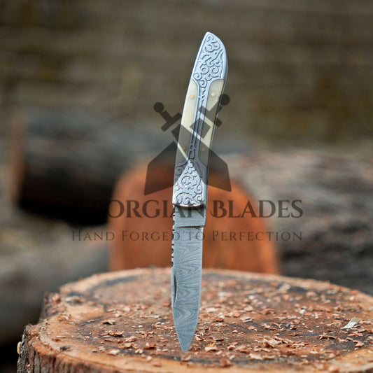 Ivory Edge: 8" Handmade Green Camel Bone Handle Folding Pocket Knife With Engraved Frame Work