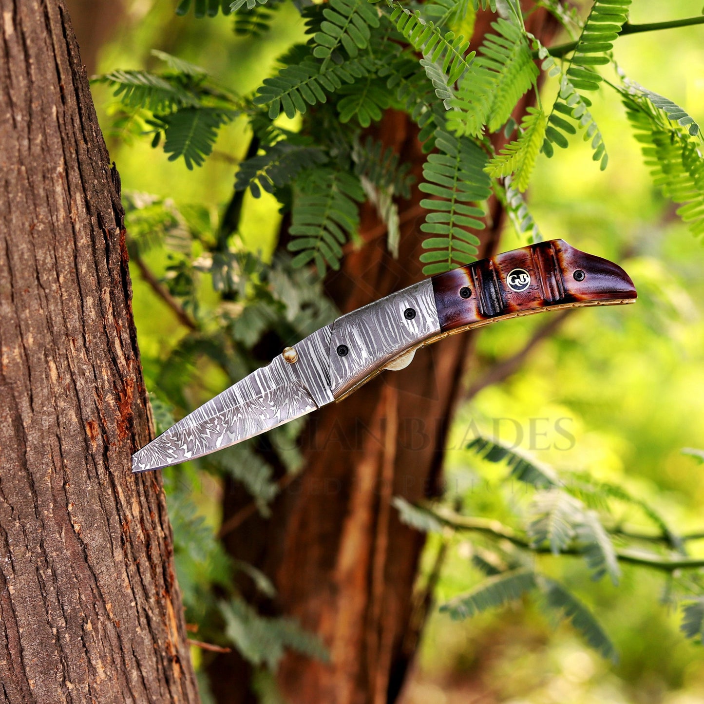 The Nimitz Folder – 7.5 inch Damascus Steel Liner Lock Pocket Knife with Bone Handle and Leather Sheath