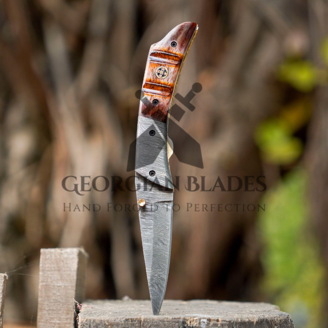 The Nimitz Folder – 7.5 inch Damascus Steel Liner Lock Pocket Knife with Bone Handle and Leather Sheath