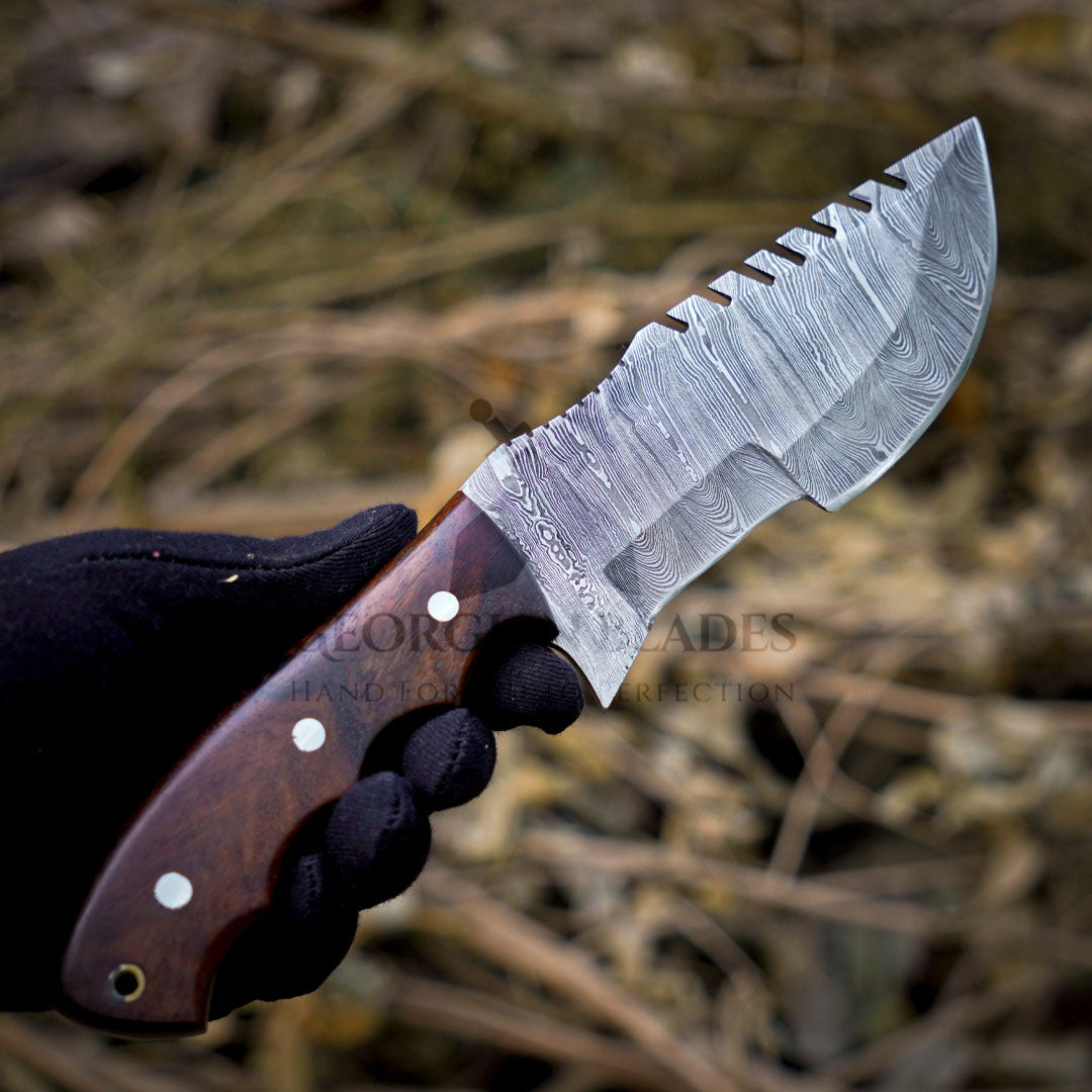 Mystic Mirage Tracker Knife - Hand Forged Damascus Steel Hunting Tracker Wood Handle