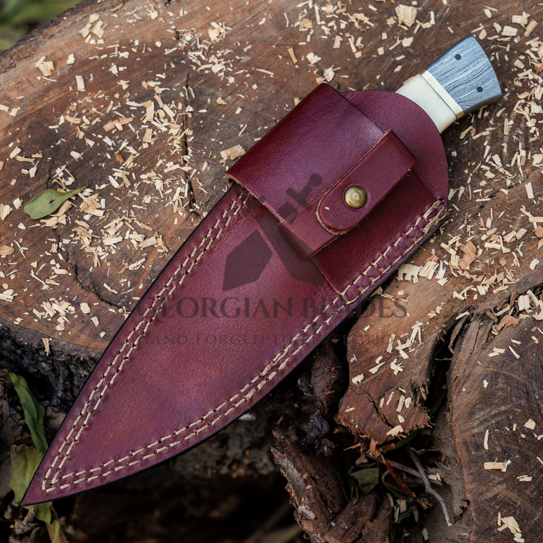 Br'er Rabbit Blade -  8.5” Hand Forged Damascus Steel Full Tang Skinner Knife - Camel Bone Handle