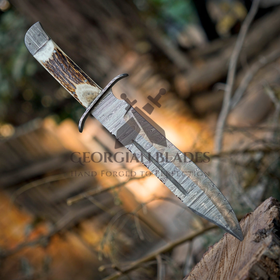 Mountain Majesty: 15" Handmade Damascus Steel Bowie Knife- Full Tang - Stag Antler Handle