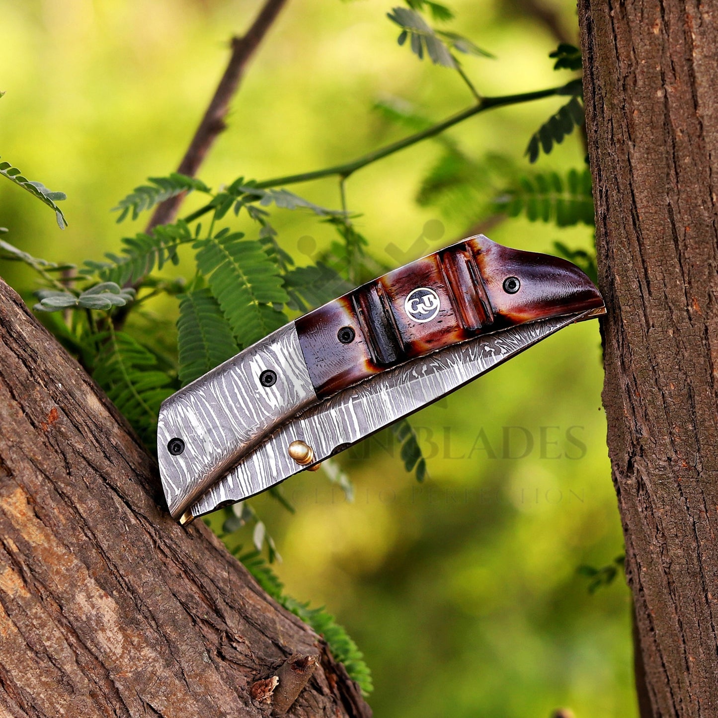 The Nimitz Folder – 7.5 inch Damascus Steel Liner Lock Pocket Knife with Bone Handle and Leather Sheath