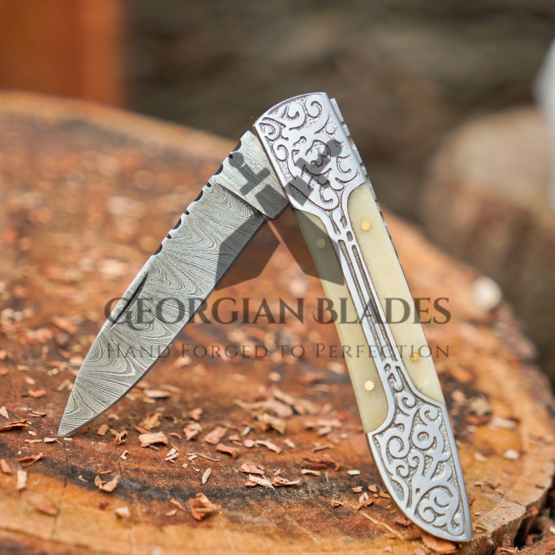 Ivory Edge: 8" Handmade Green Camel Bone Handle Folding Pocket Knife With Engraved Frame Work