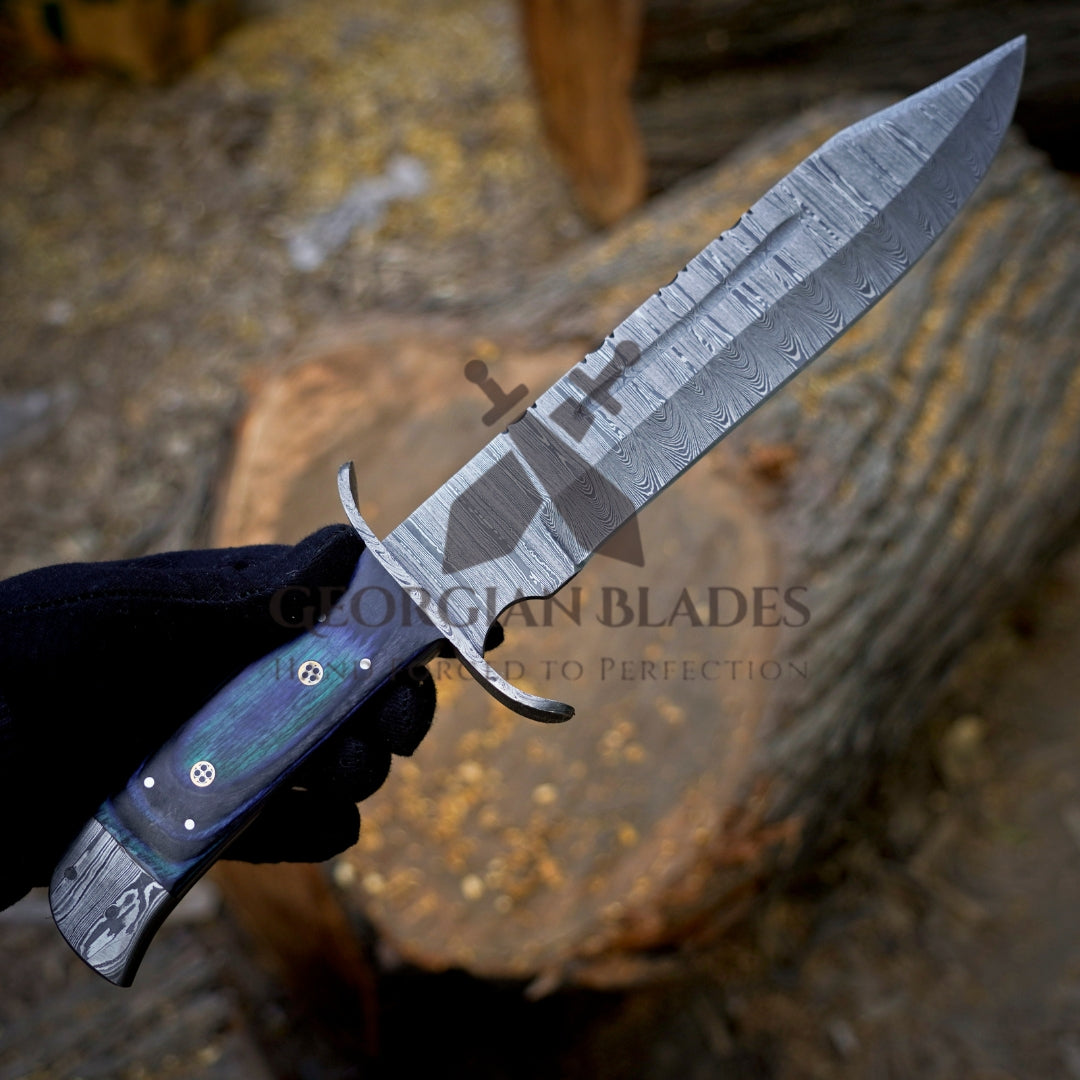 River Runner: 15" Handmade Damascus Steel Bowie Knife- Full Tang - Colored Wood Handle