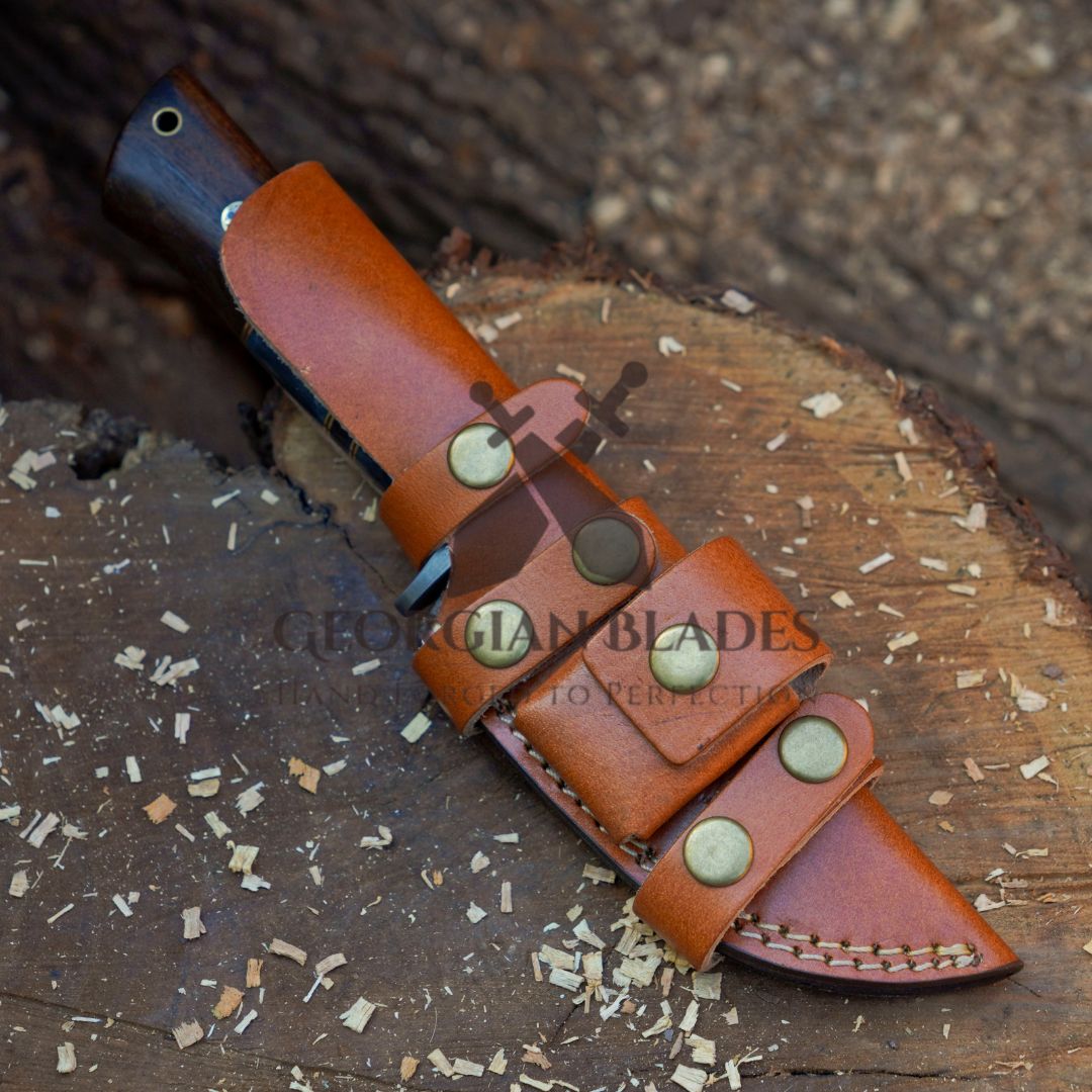 Nature's Bladebearer - 10" Hand Forged Damascus Hunting Knife with Leather Sheath