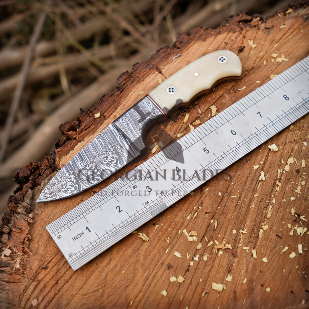 John Henry Slicer - 7.25” Hand Forged Damascus Steel Full Tang Skinner Knife - Camel Bone Handle