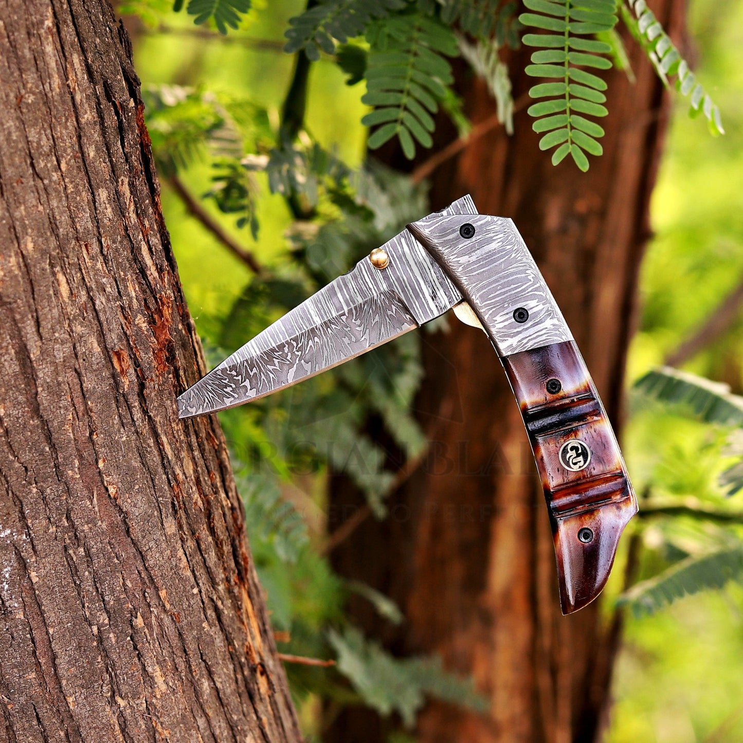 The Nimitz Folder – 7.5 inch Damascus Steel Liner Lock Pocket Knife with Bone Handle and Leather Sheath