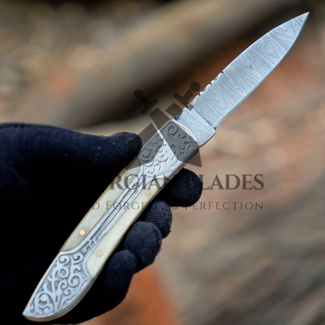 Ivory Edge: 8" Handmade Green Camel Bone Handle Folding Pocket Knife With Engraved Frame Work