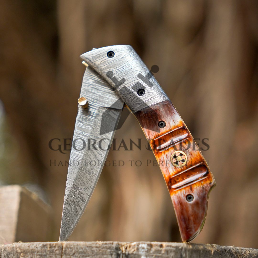 The Nimitz Folder – 7.5 inch Damascus Steel Liner Lock Pocket Knife with Bone Handle and Leather Sheath