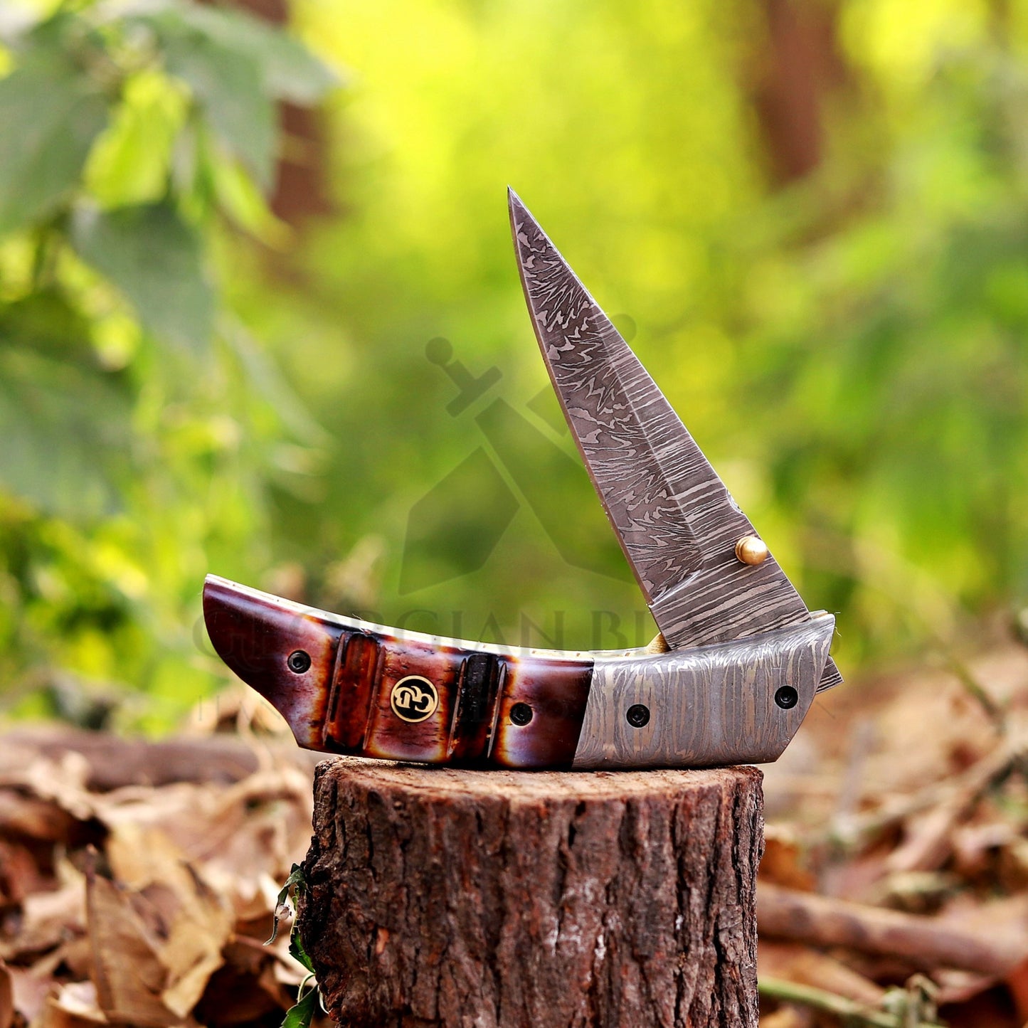 The Nimitz Folder – 7.5 inch Damascus Steel Liner Lock Pocket Knife with Bone Handle and Leather Sheath