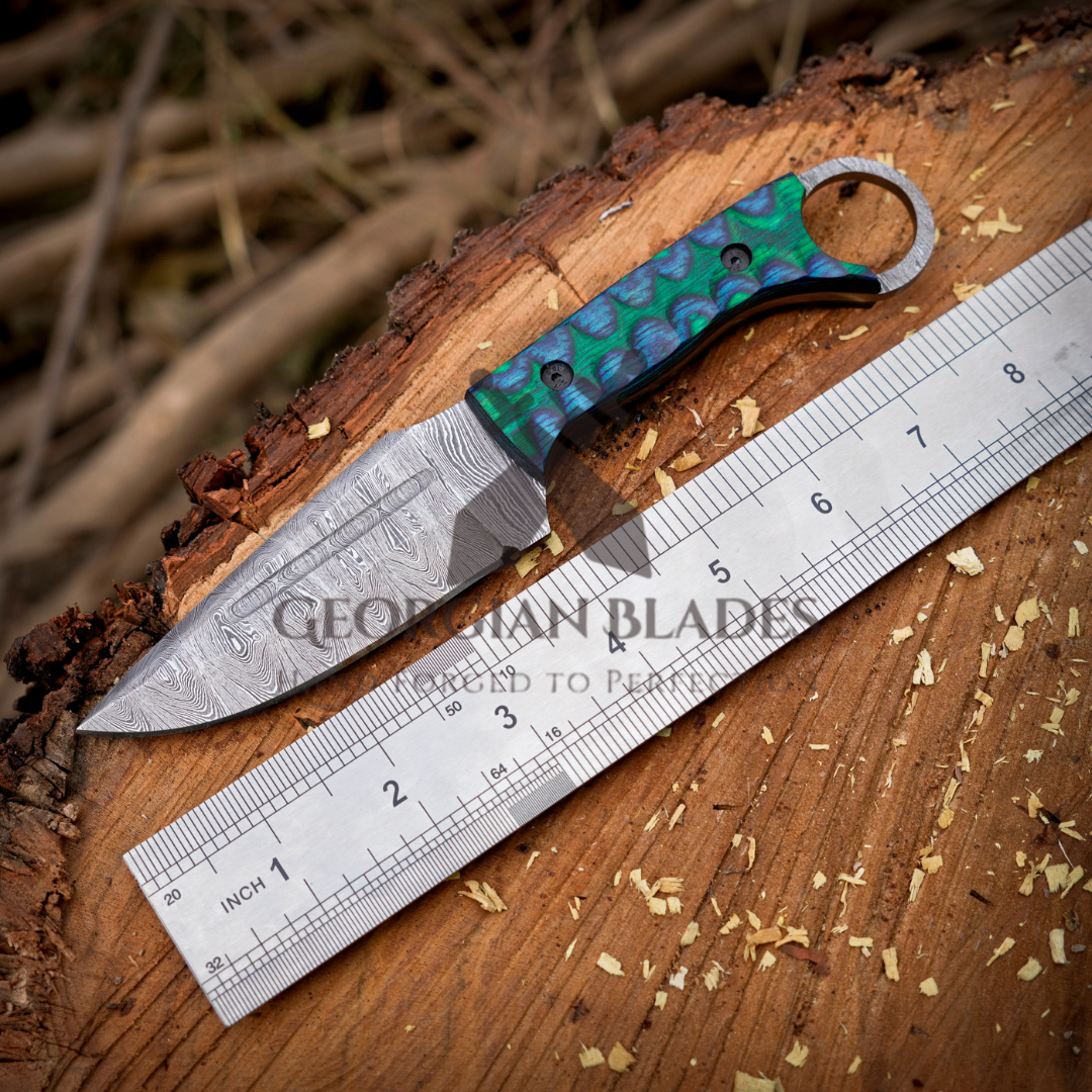 Mystic Blade - Hand-Forged 9" Damascus Steel Hunting Knife with Colored Resin Handle and Leather Sheath– Perfect for Outdoor Enthusiasts