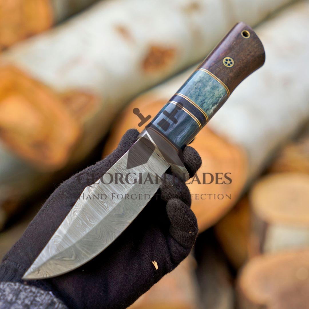 Nature's Bladebearer - 10" Hand Forged Damascus Hunting Knife with Leather Sheath