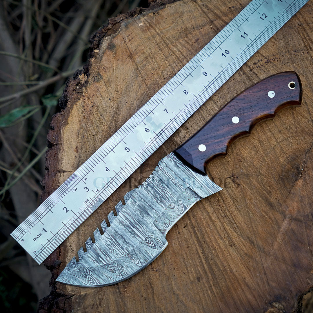 Mystic Mirage Tracker Knife - Hand Forged Damascus Steel Hunting Tracker Wood Handle