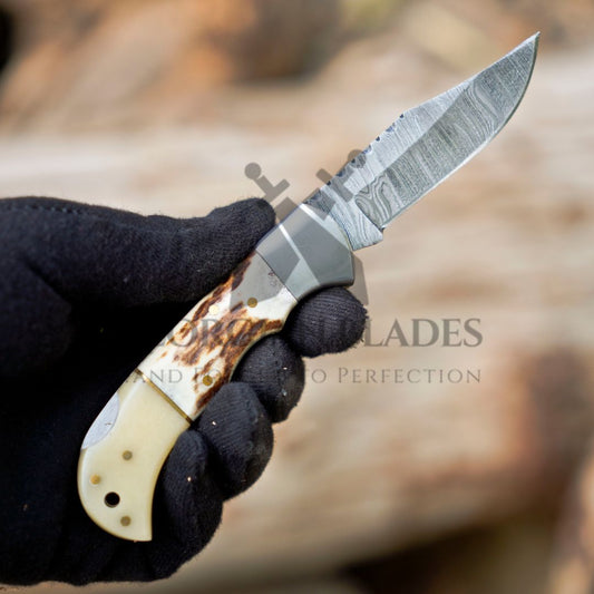 The Sully Folder - 7 inch Pocket Folding Clip Knife with Stag and Bone Handle and Leather Sheath