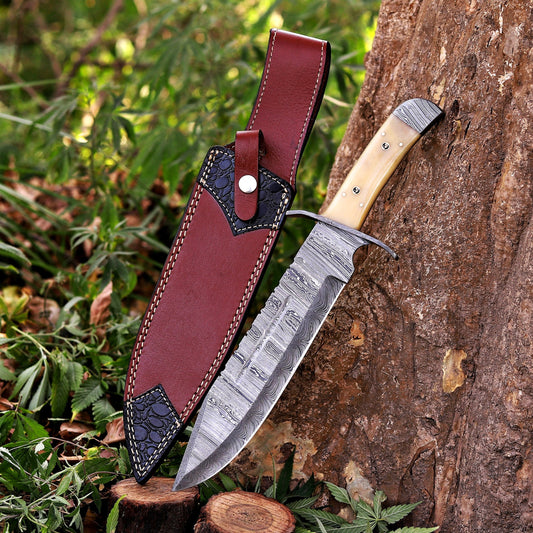 Paul Bunyan Razor - 15" Handmade Damascus Steel Bowie Knife- Full Tang - Camel Bone Handle