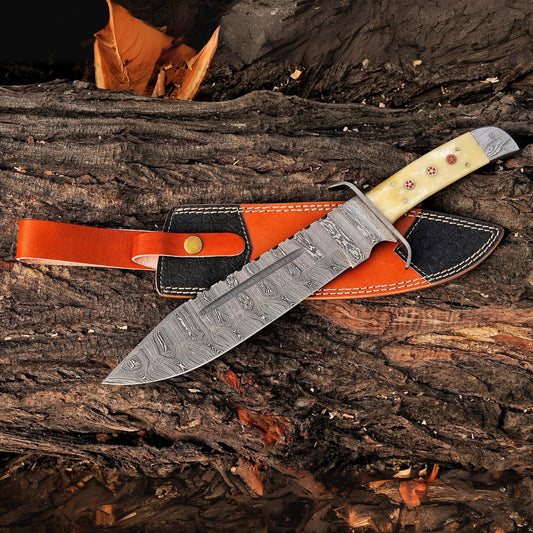 Paul Bunyan Razor - 15" Handmade Damascus Steel Bowie Knife- Full Tang - Camel Bone Handle