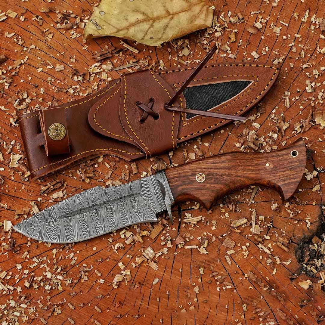 Woodman's Ally - 10.5" Hand Forged Damascus Hunting Knife with Leather Sheath