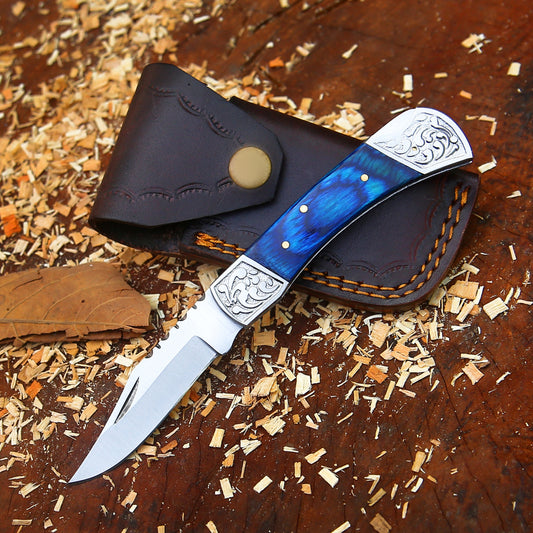 CelestialSnap - 7.5" Hand Forged Back Lock Focket Knife with Leather Sheath
